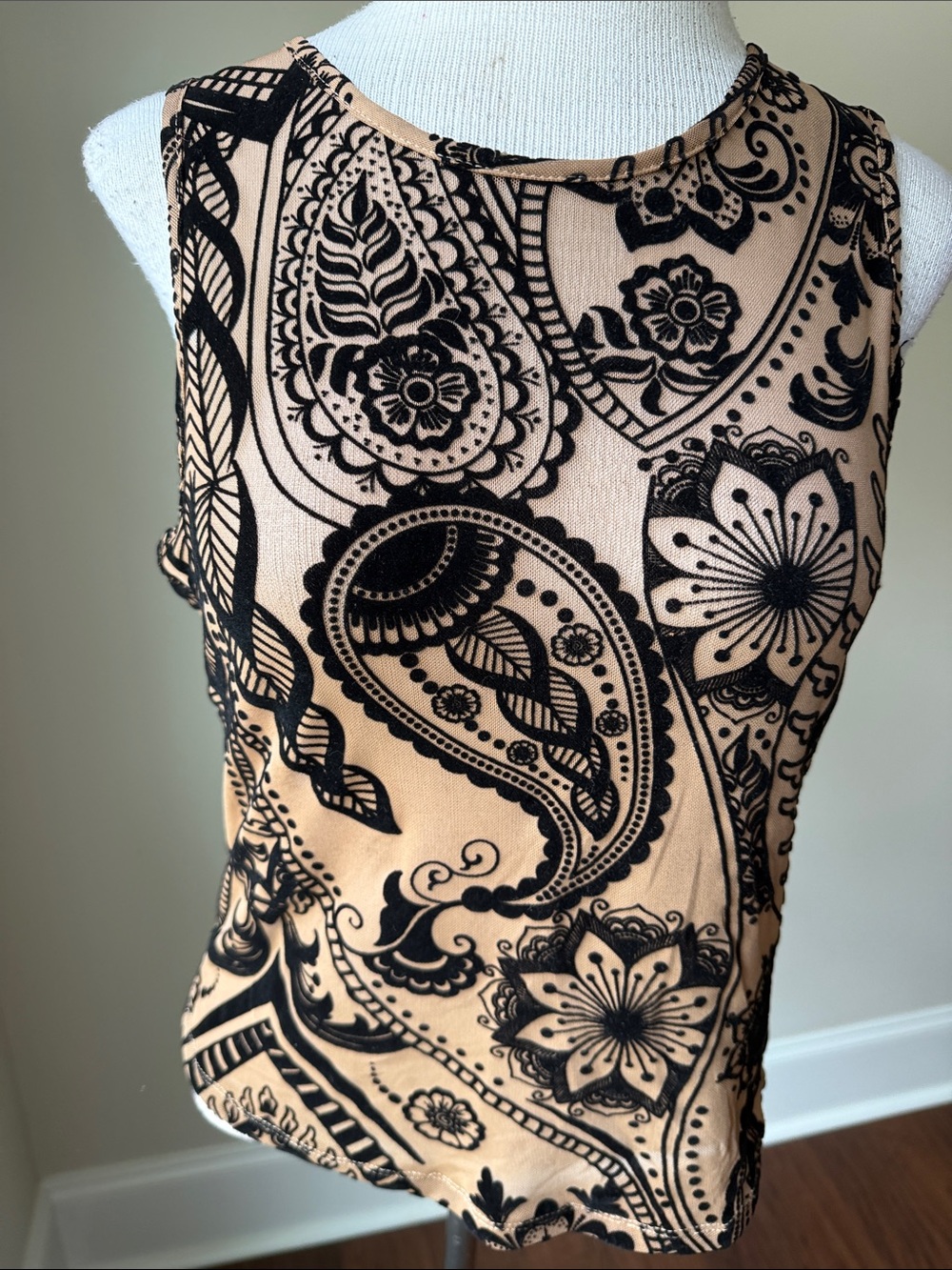 Beige and Black Paisley Sleeveless Top